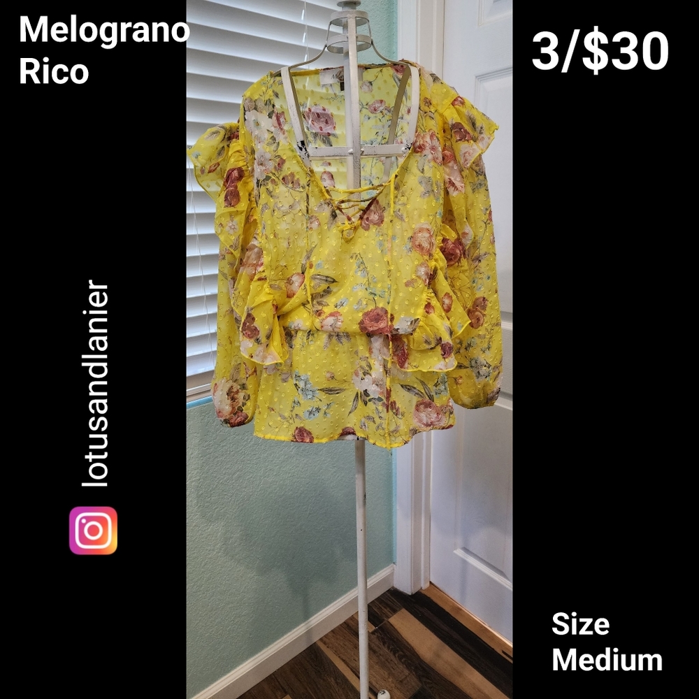 Melograno Rico Yellow Floral Ruffly Shirt Sz Medium 3/$30